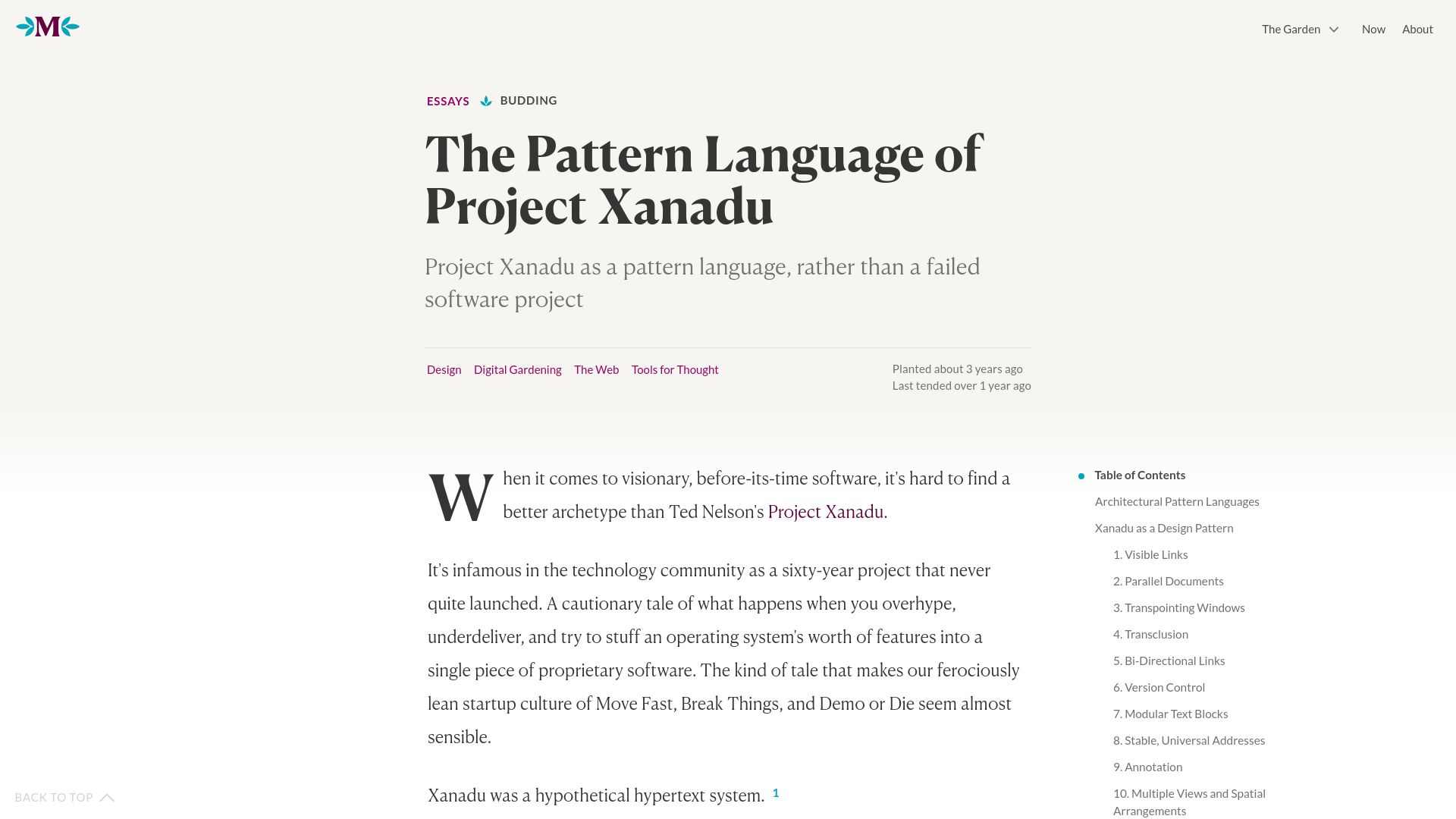Screenshot of maggieappleton.com: The Pattern Language of Project Xanadu