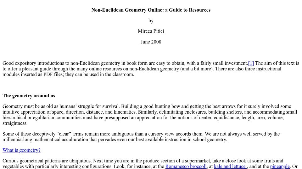 Screenshot of pi.math.cornell.edu: Non-Euclidean Geometry Online: A Guide to Resources (2008)