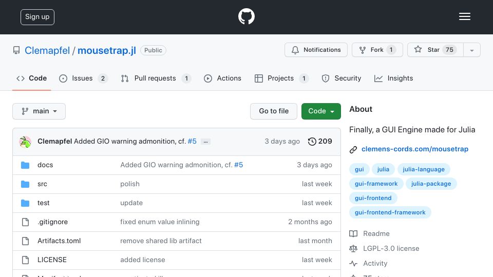 Screenshot of github.com: Mousetrap.jl: a GUI library for Julia and C++ that wraps GTK4