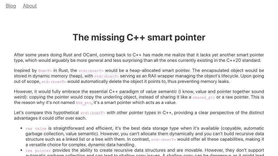 Screenshot of blog.matthieud.me: The missing C++ smart pointer
