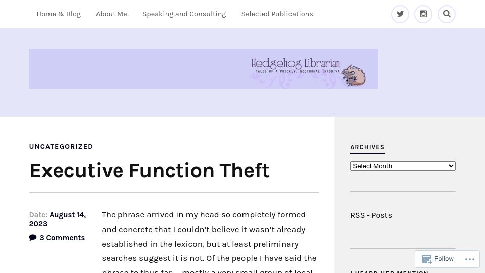 Screenshot of hedgehoglibrarian.com: Executive Function Theft