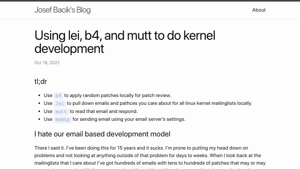 Screenshot of josefbacik.github.io: Using lei, b4, and mutt to do kernel development (2021)