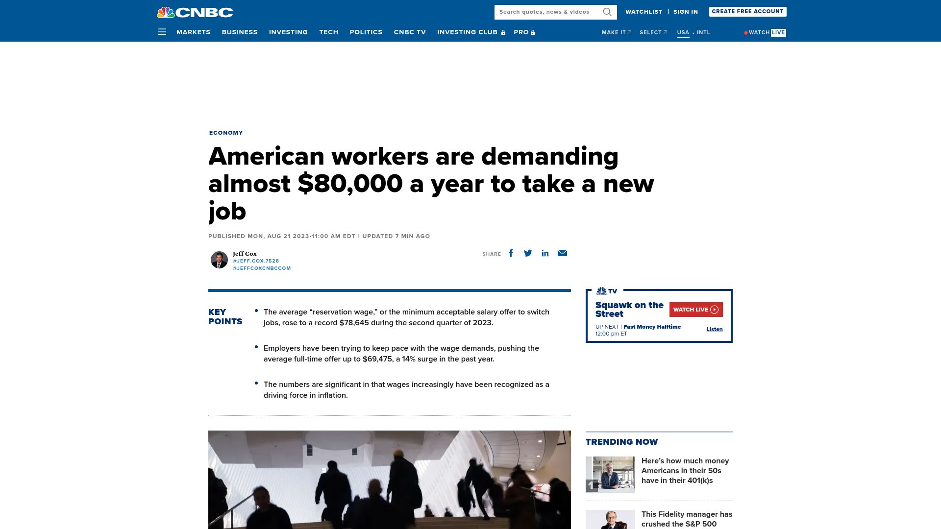 Screenshot of cnbc.com: American workers are demanding almost $80k a year to take a new job
