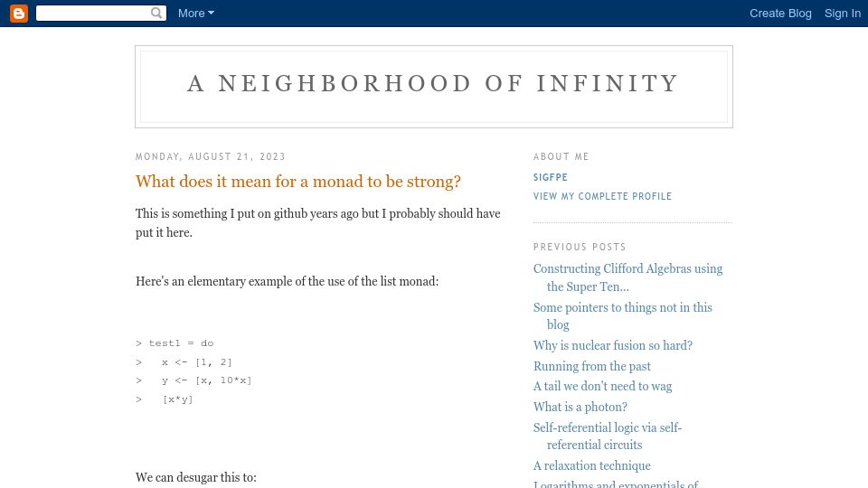Screenshot of blog.sigfpe.com: What does it mean for a monad to be strong?