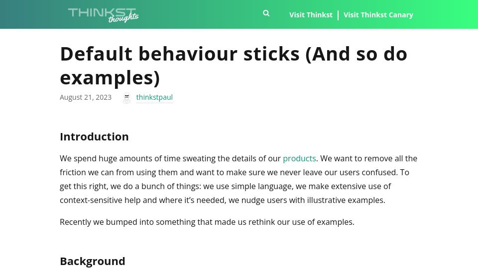 Screenshot of blog.thinkst.com: Be careful of the examples you use. They stick