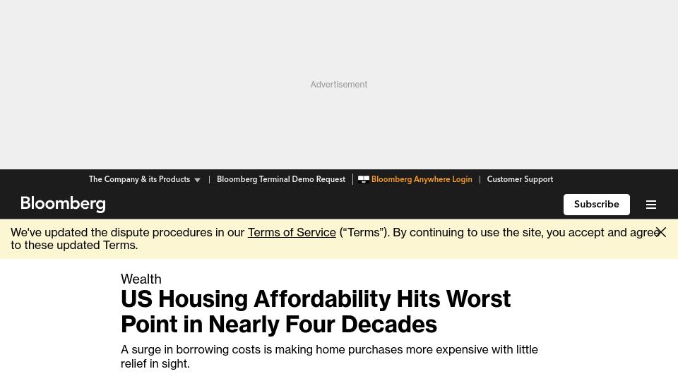 Screenshot of bloomberg.com: US Housing Affordability Hits Worst Point in Nearly Four Decades