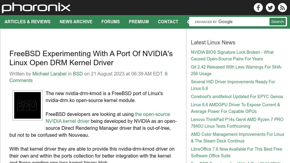Screenshot of phoronix.com: FreeBSD Experimenting with a Port of Nvidia's Linux Open DRM Kernel Driver