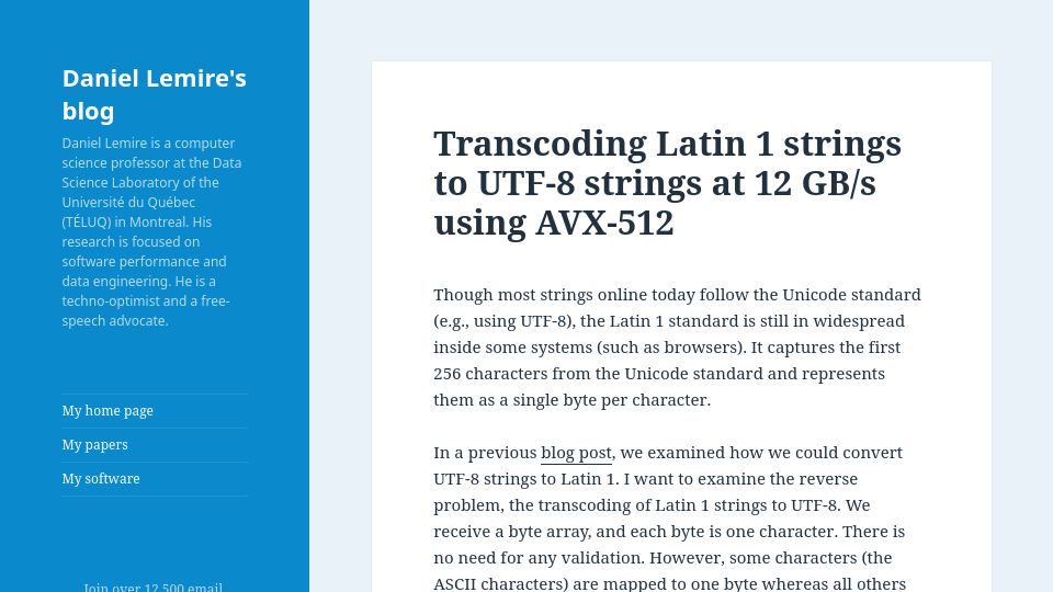 Screenshot of lemire.me: Transcoding Latin 1 strings to UTF-8 strings at 12 GB/s using AVX-512