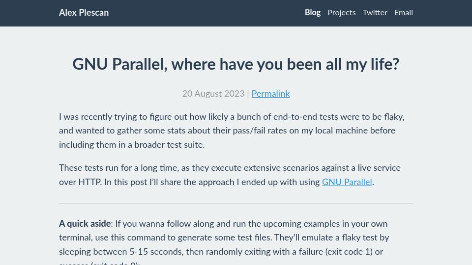 Screenshot of alexplescan.com: GNU Parallel, where have you been all my life?