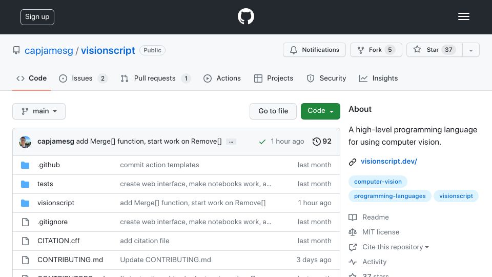 Screenshot of github.com: Show HN: VisionScript, abstract programming language for computer vision