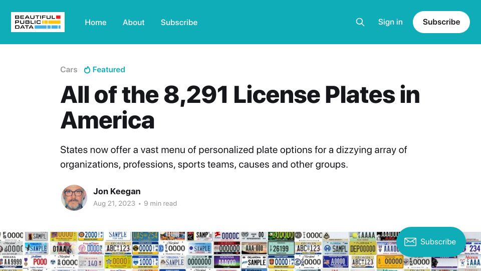 Screenshot of beautifulpublicdata.com: All of the vehicle license plates available in America