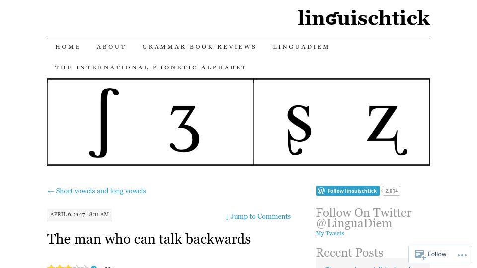 Screenshot of linguischtick.wordpress.com: A man who can talk backwards (2017)