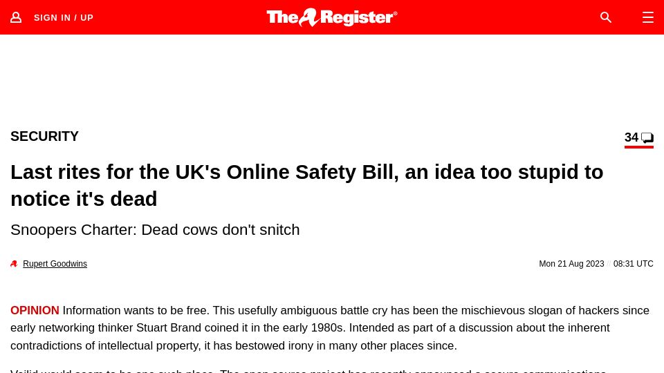 Screenshot of theregister.com: Last rites for the UK Online Safety Bill, an idea too stupid to notice it's dead