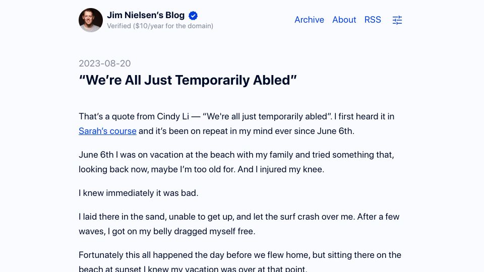 Screenshot of blog.jim-nielsen.com: We’re all just temporarily abled