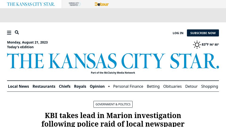 Screenshot of kansascity.com: Kansas Bureau of Investigation takes lead following police raid of newspaper
