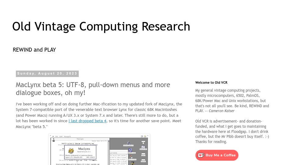 Screenshot of oldvcr.blogspot.com: MacLynx beta 5: UTF-8, pull-down menus and more dialogue boxes