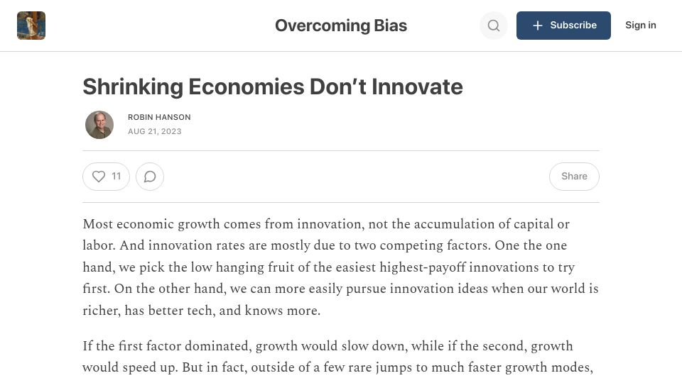 Screenshot of overcomingbias.com: Shrinking economies don't innovate