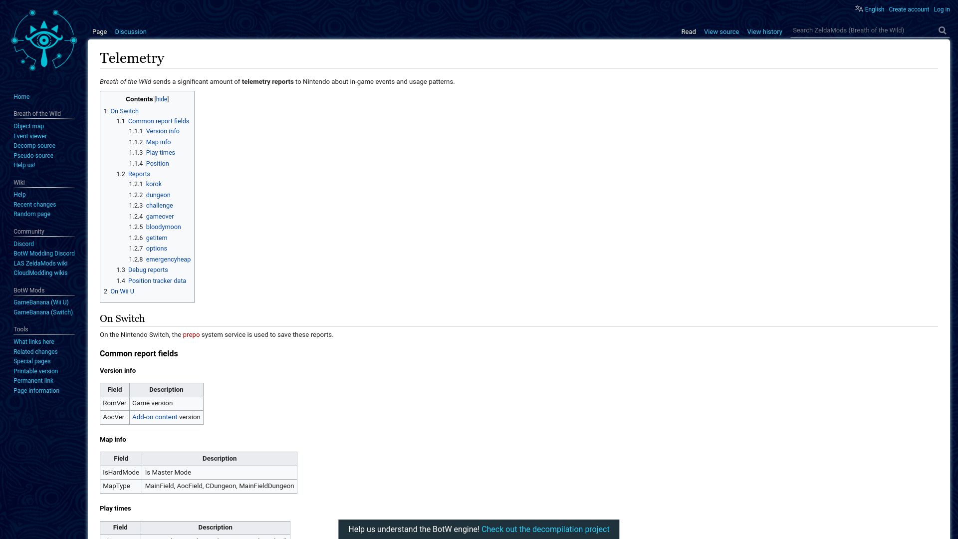 Screenshot of zeldamods.org: Telemetry on Zelda: Breath of the Wild