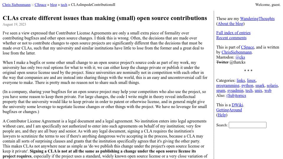Screenshot of utcc.utoronto.ca: CLAs create different issues than making (small) open source contributions