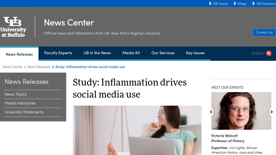 Screenshot of buffalo.edu: Study: Inflammation drives social media use