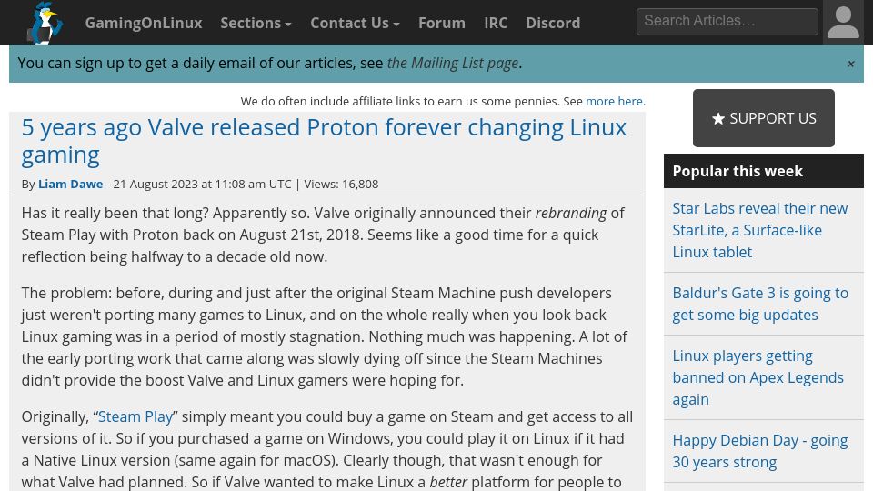 Screenshot of gamingonlinux.com: 5 years ago Valve released Proton