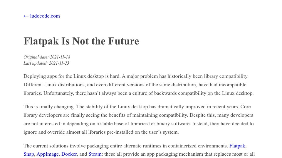 Screenshot of ludocode.com: Flatpak is not the future (2021)