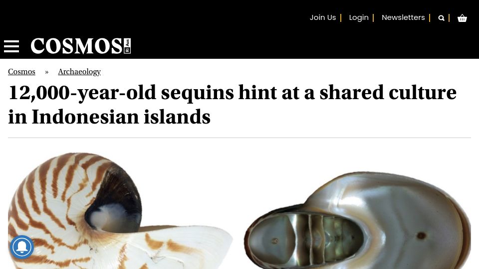Screenshot of cosmosmagazine.com: 12,000-year-old sequins hint at a shared culture in Indonesian islands