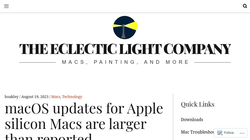 Screenshot of eclecticlight.co: macOS updates for Apple Silicon Macs are larger than reported