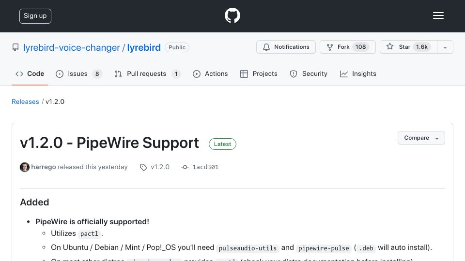 Screenshot of github.com: Lyrebird the Linux voice changer now supports PipeWire