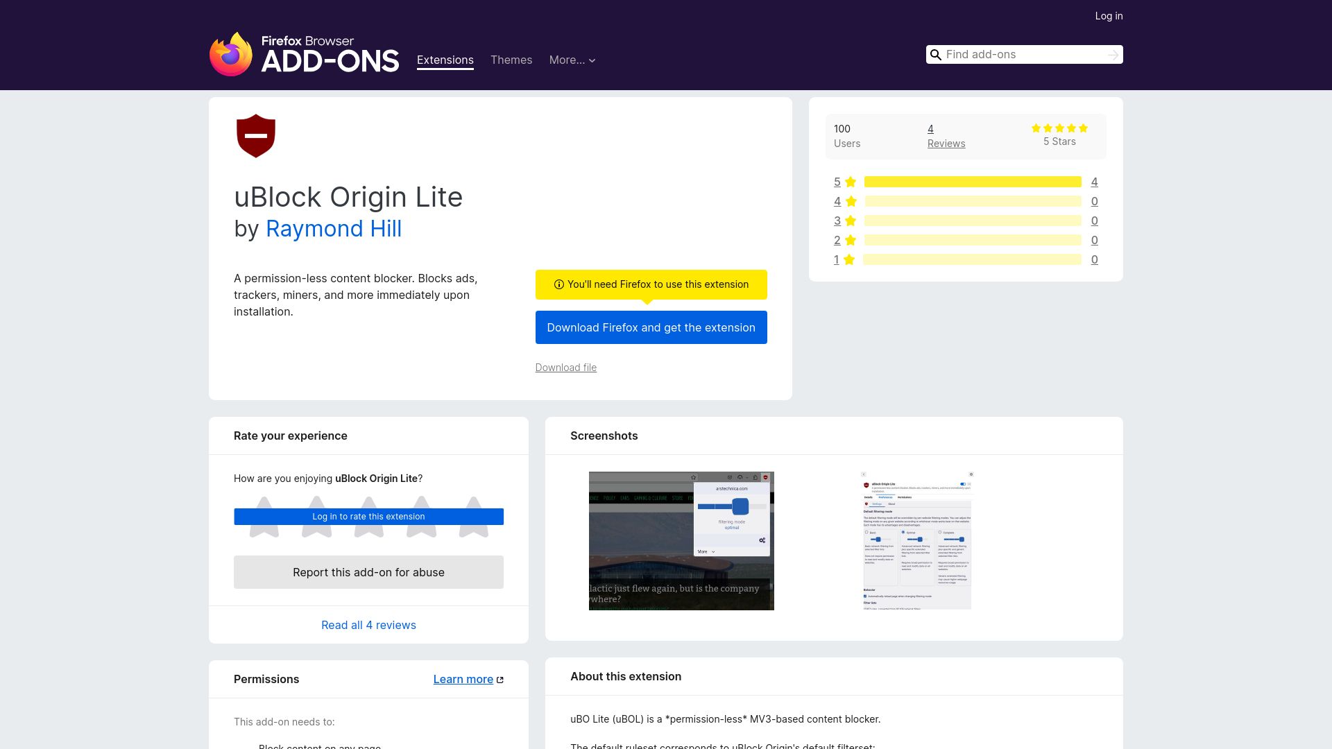 Screenshot of addons.mozilla.org: uBlock Origin Lite now available on Firefox