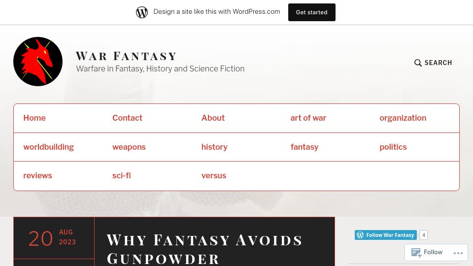 Screenshot of warfantasy.wordpress.com: Why Fantasy Avoids Gunpowder