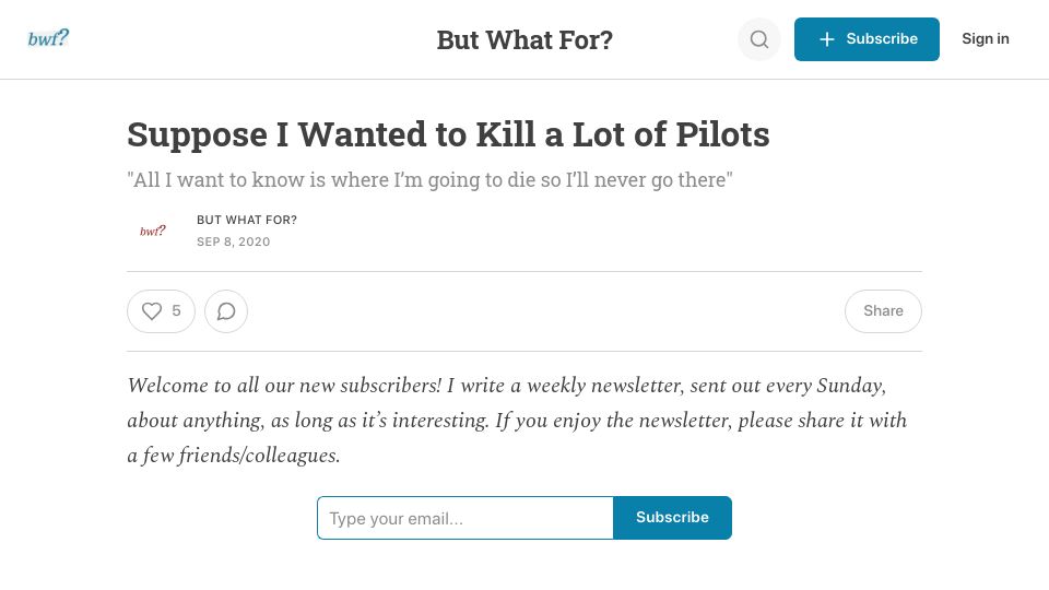 Screenshot of newsletter.butwhatfor.com: Suppose I wanted to kill a lot of pilots (2020)