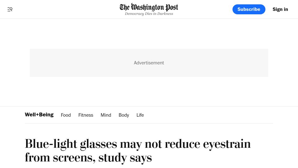 Screenshot of washingtonpost.com: Blue-light glasses may not reduce eyestrain from screens, study says