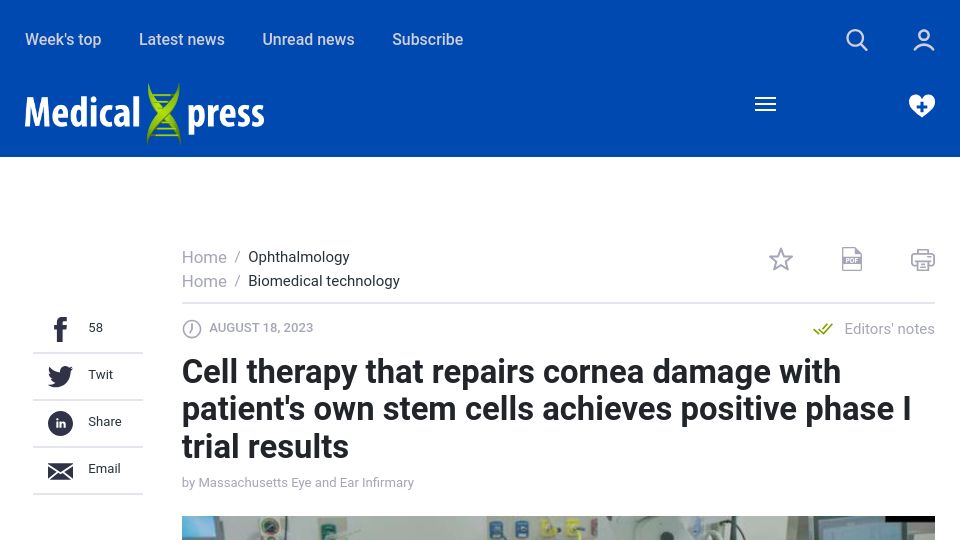 Screenshot of medicalxpress.com: Cell therapy repairs cornea damage with patient's stem cells gives trial results