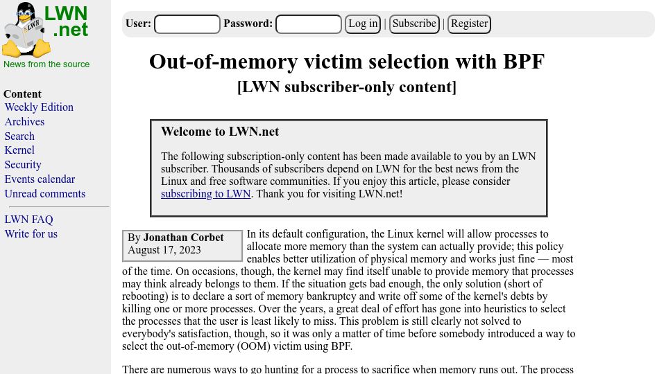 Screenshot of lwn.net: Out-of-memory victim selection with BPF