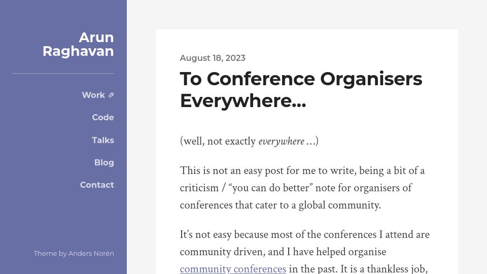 Screenshot of arunraghavan.net: Conferences are inadvertently excluding many attendees from foreign countries