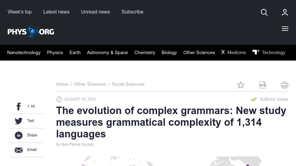 Screenshot of phys.org: New study measures grammatical complexity of languages