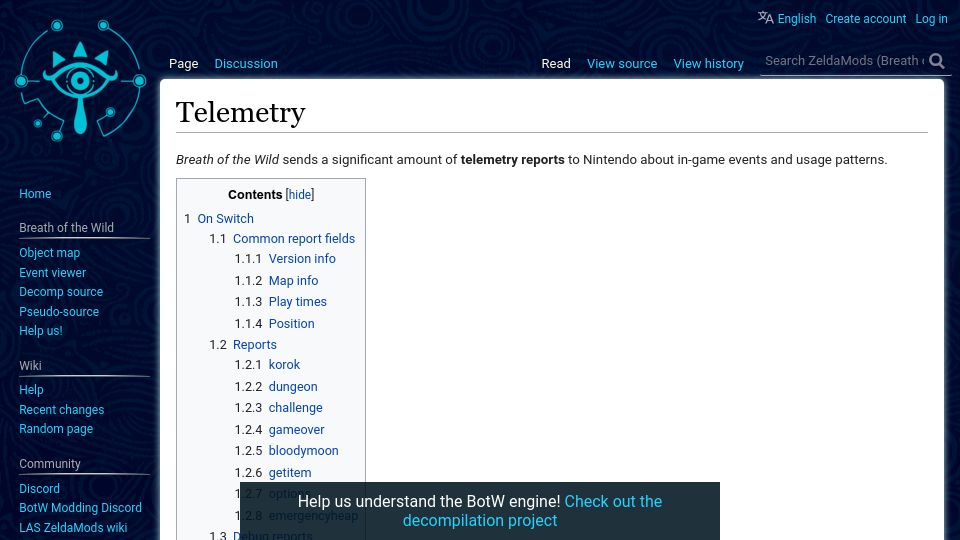 Screenshot of zeldamods.org: Telemetry on Zelda: Breath of the Wild