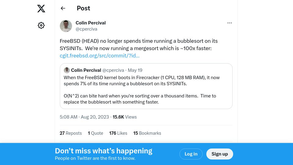 Screenshot of twitter.com: FreeBSD replaces bubblesort with mergesort on SYSINTs