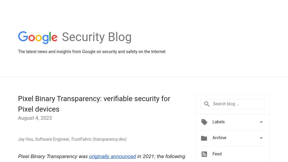 Screenshot of security.googleblog.com: Pixel Binary Transparency: verifiable security for Pixel devices