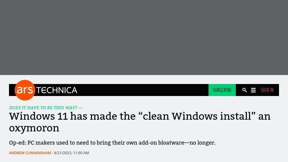 Screenshot of arstechnica.com: Windows 11 has made the “clean Windows install” an oxymoron