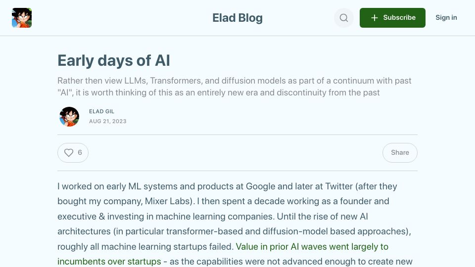Screenshot of blog.eladgil.com: Early Days of AI