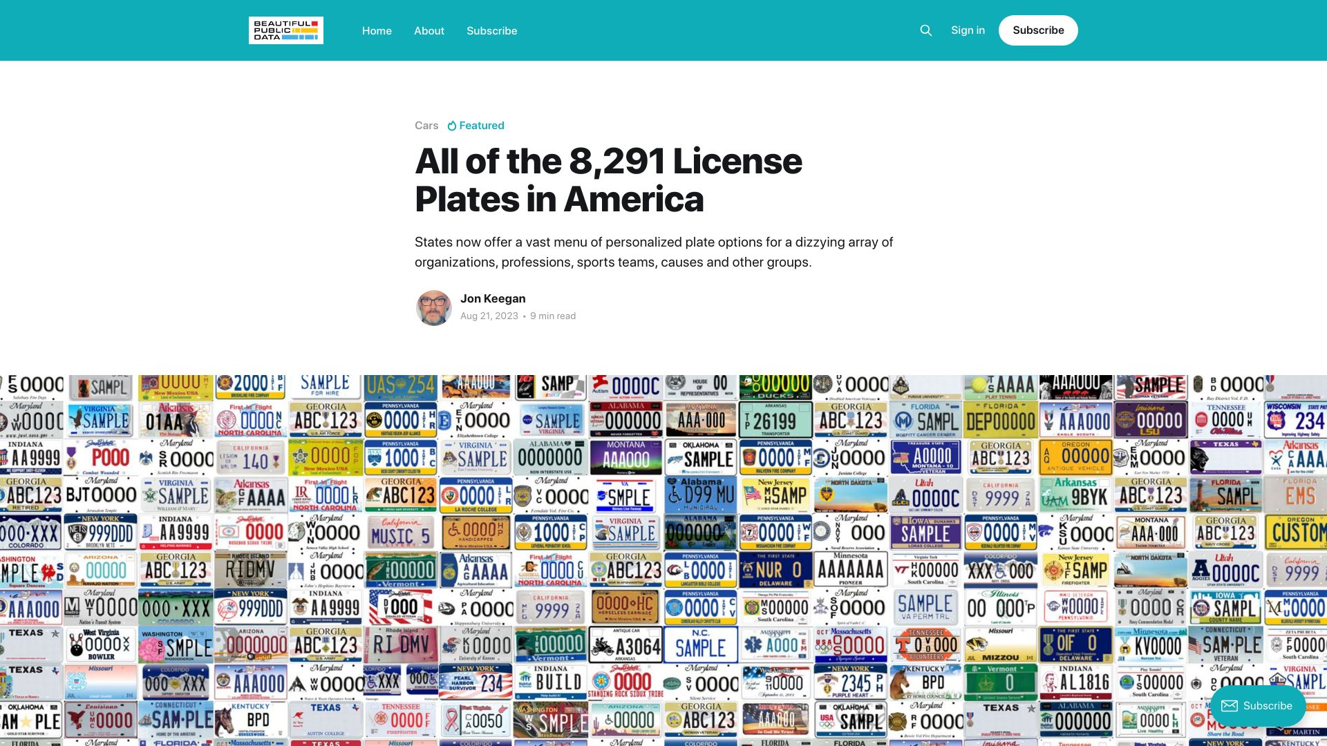 Screenshot of beautifulpublicdata.com: All of the vehicle license plates available in America
