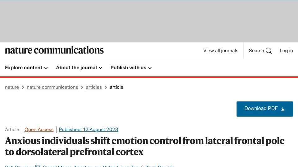 Screenshot of nature.com: Anxious brains redirect emotion regulation