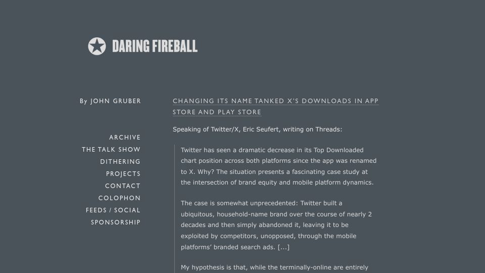 Screenshot of daringfireball.net: Changing its name tanked X's downloads in App Store and Play Store