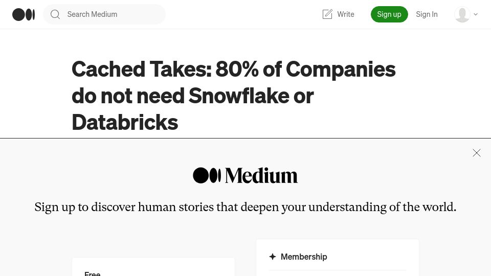 Screenshot of kjhealey.medium.com: Most companies do not need Snowflake or Databricks