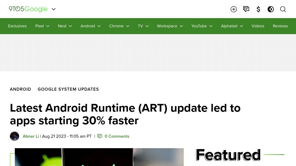 Screenshot of 9to5google.com: Latest Android Runtime (ART) update led to apps starting 30% faster