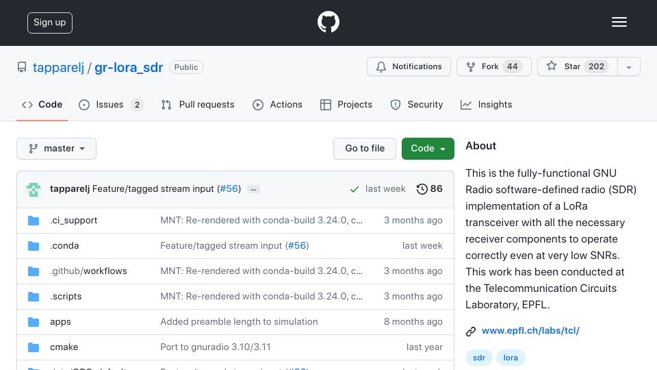 Screenshot of github.com: GNU Radio software-defined radio (SDR) implementation of a LoRa transceiver