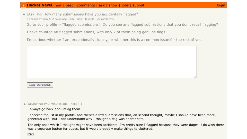 Screenshot of Hacker News post: [Ask HN] How many submissions have you accidentally flagged?