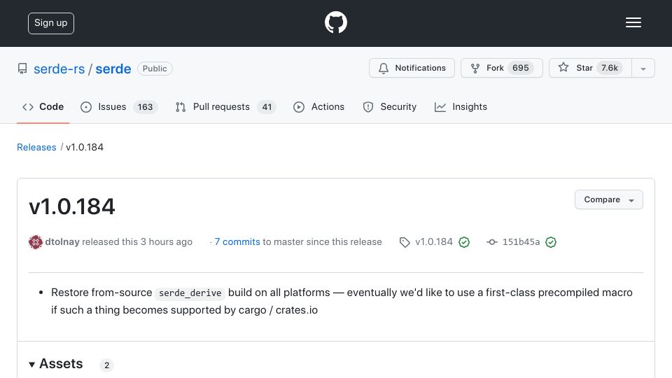 Screenshot of github.com: Precompiled binaries removed from serde v1.0.184